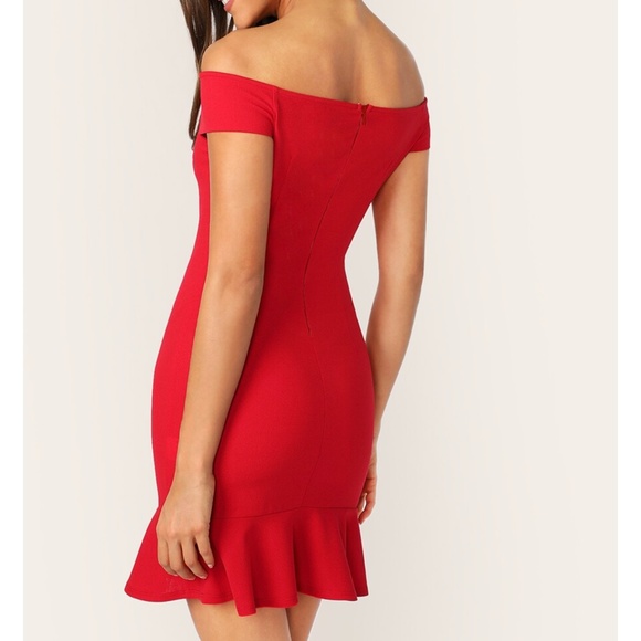Red Off the Shoulder Ruffle Hem Bodycon Mini Dress - Picture 3 of 6